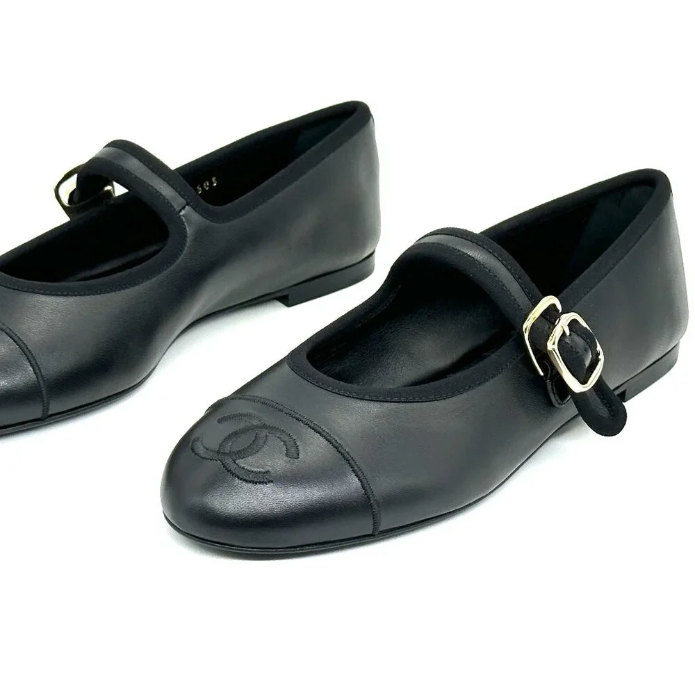 CHANEL REV CC Logo Leather Mary Jane Ankle Strap Flat Ballerina Shoes Black - Picture 10 of 15